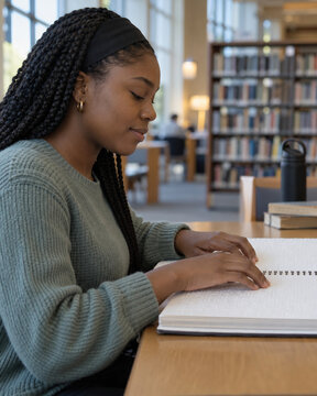 Student Reading Hardcopy Braille Volume in University Library