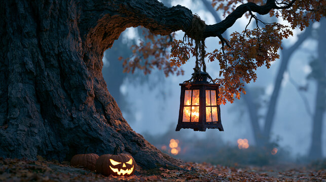 Glowing halloween pumpkin lantern hanging from old oak tree branch in a misty autumn forest setting