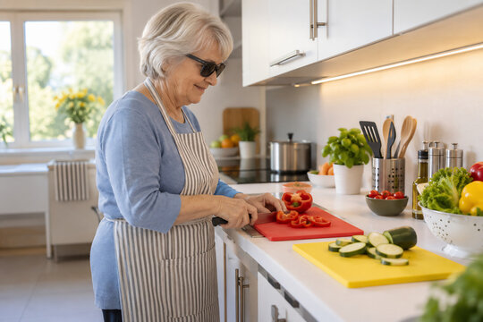 Visually Impaired Cook Demonstrating Safe Vegetable Chopping Techniques