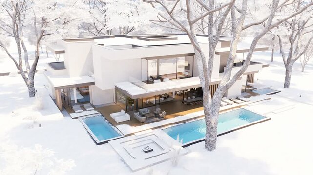 Panning 4K video of a contemporary luxury house exterior in winter with white facades, large glass windows, and a snowy landscape.