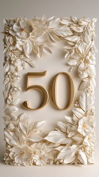 A vertical card features the number 50 framed by elegant botanical elements. The design uses a cream and gold color palette for an anniversary theme.