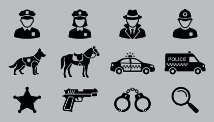 Police department symbols collection . Icons of officers, patrol car, horse, handcuffs, weapon, magnifying glass, detective badge . © Shekhor studioBD