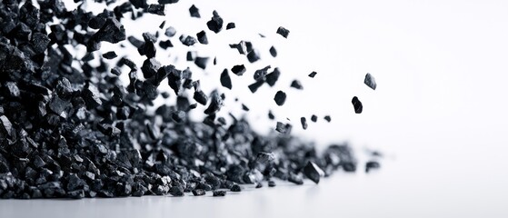 Obraz premium Black activated carbon granules falling close up studio shot