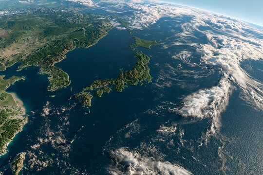 宇宙から見た地球の日本列島全景と青い海広がる雲