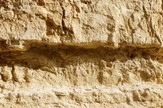 Earthy texture of a stratified rock face with sunlight highlights