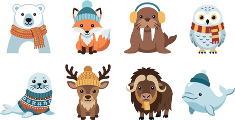 Obraz premium Cute winter arctic animals vector icon set with polar bear fox walrus snowy owl seal reindeer muskox beluga whale