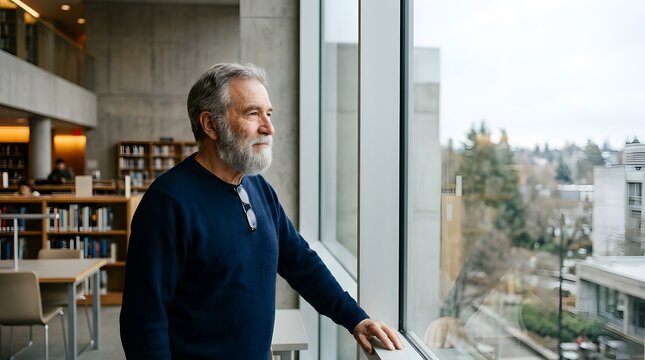 Senior man looking out a large window in a modern library interior