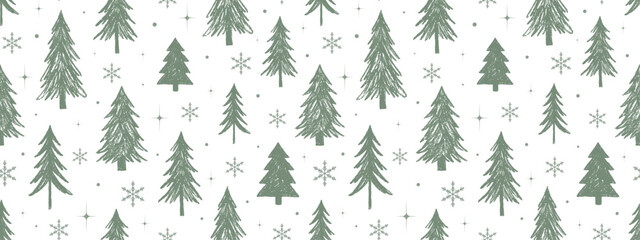 Obraz premium Seamless winter pattern with hand drawn green pine trees and snowflakes vector on transparent background.