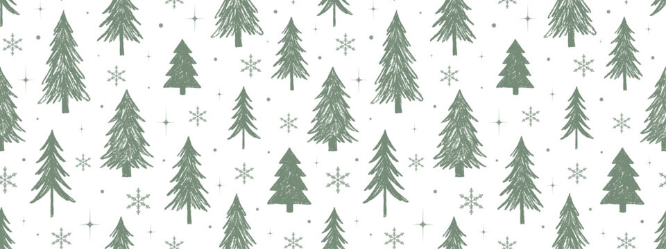 Seamless winter pattern with hand drawn green pine trees and snowflakes vector on transparent background.