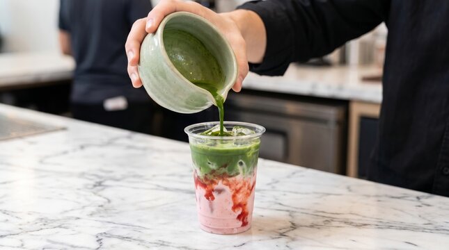 Barista pouring green matcha tea into a fresh strawberry iced latte on a marble counter in a cafe