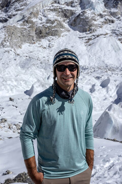 Portrait of Male Trekker at Everest Base Camp Khumbu Nepal