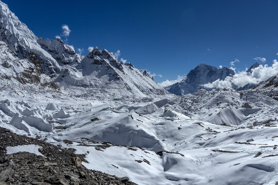 Khumbu Glacier Seracs Looking Back Down Valley from Near EBC Nepal