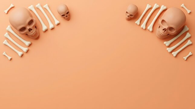 Spooky halloween scene with realistic 3d skulls and bones forming an artistic border on a peach background