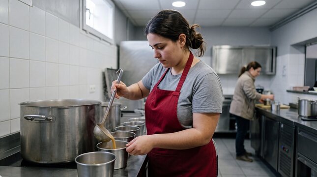 Young woman volunteers ladling soup in a community kitchen