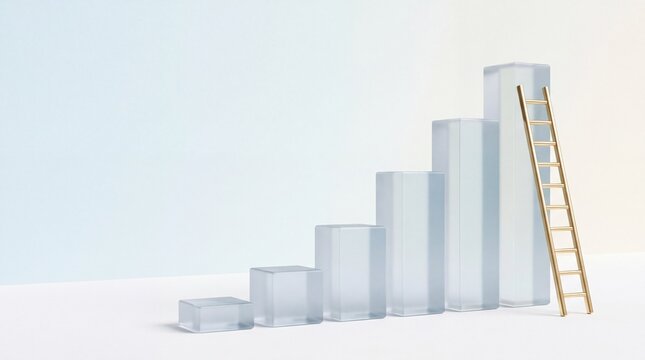 3D upward bar chart with miniature ladder leaning against peak, financial success and goal achievement concept