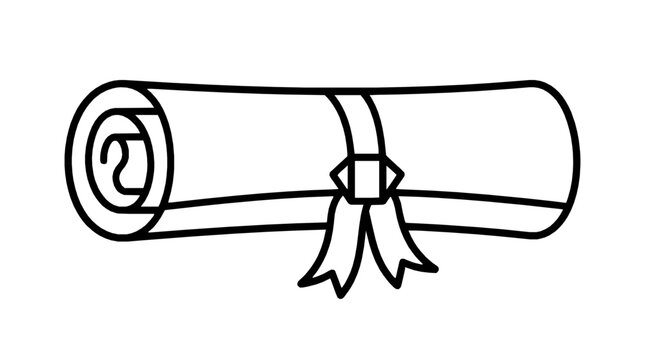 A black and white line drawing of a rolled diploma tied with a decorative ribbon with ribbon presented simple