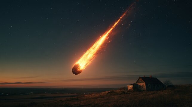 A glowing fireball meteor streaks across the dark night sky above a lonely rural farmhouse