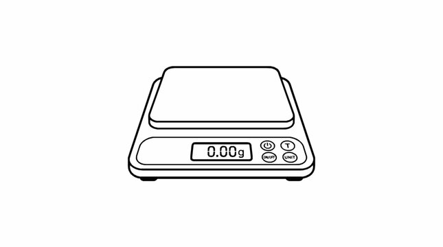 A digital kitchen scale with a display showing zero grams on a plain white background with grams presented minimalist