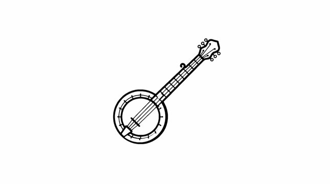 A simple black and white line drawing of a classic banjo musical string instrument icon with illustration banjo