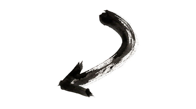 Curved brush stroke arrow pointing down left isolated on transparent