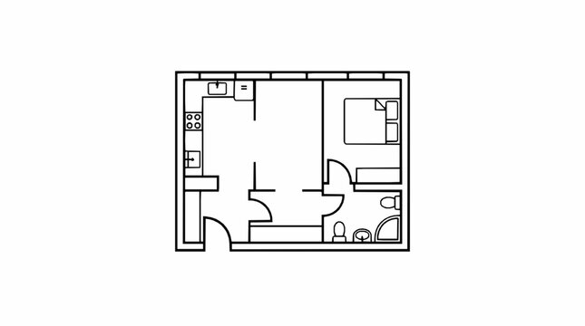 A simple black and white architectural floor plan of a small one bedroom apartment unit with drawing residential floor