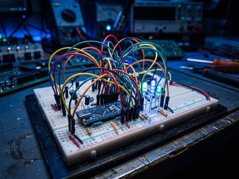 Electronic breadboard with microcontroller colorful wires and glowing leds in a dark lab setting.