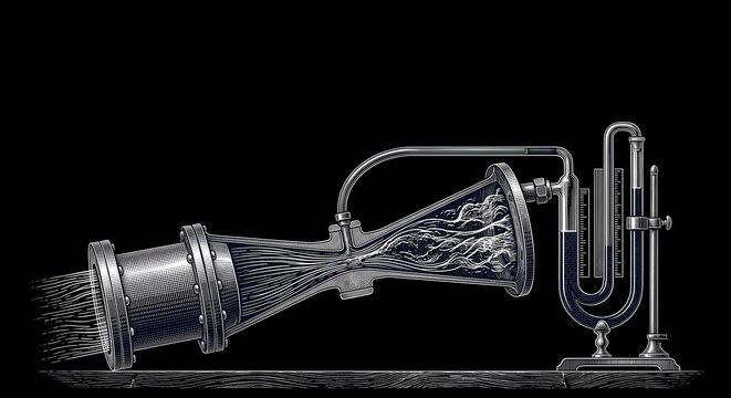 Scratchboard engraving style antique venturi tube on solid black background