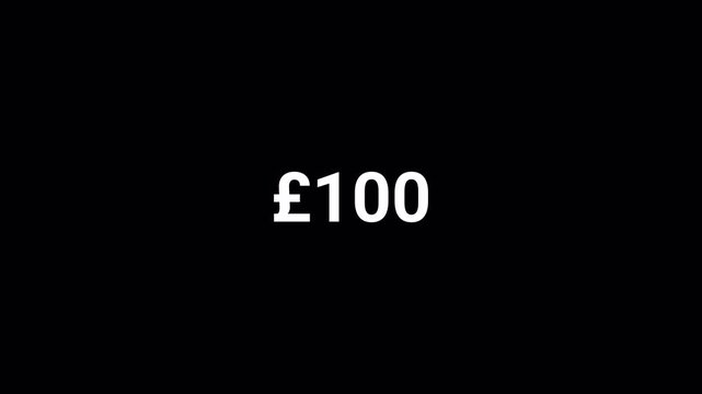 Pound sterling currency counter number from 0 to 100 on black background, Counter for Finance, Banking, Investment, Banking, App UI and Dashboard.