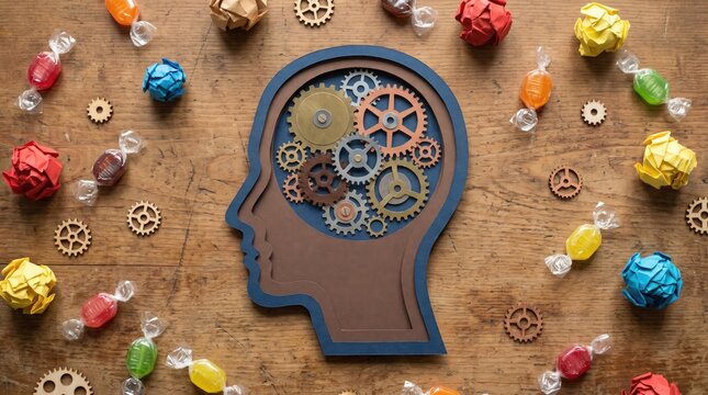 Conceptual human head profile with gears and cogs, mental health and brain function concept, creative thinking and problem solving metaphor