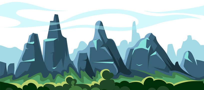 Mountains landscape. Cartoon game background. Stone nature