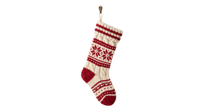Traditional knitted Christmas stocking with red snowflake pattern, cozy wool holiday sock hanging on hook, festive winter home decor accessory isolated PNG with Transparent Background