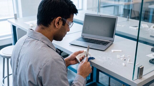 Young engineer files edge of 3D printed bracket in makerspace
