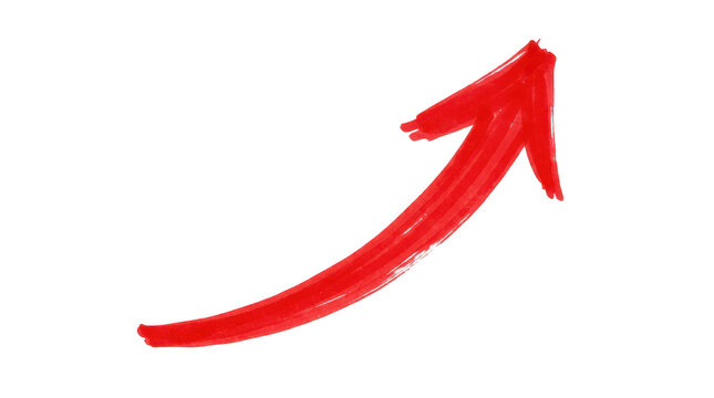 Red hand painted arrow curving up isolated on transparent background