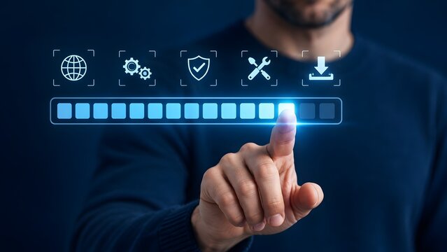 IT administrator pressing a glowing digital progress bar interface visualizing system installation and software security update