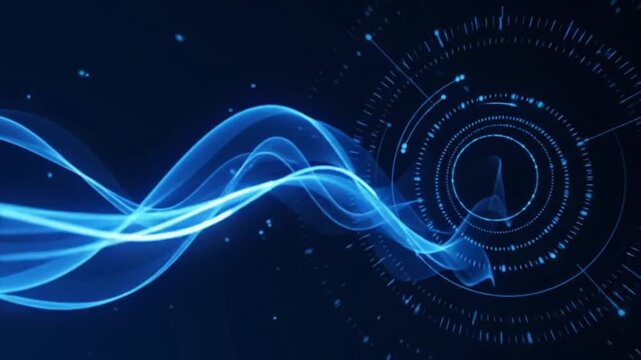 Futuristic digital wave animation with abstract clock interface on dark tech background
