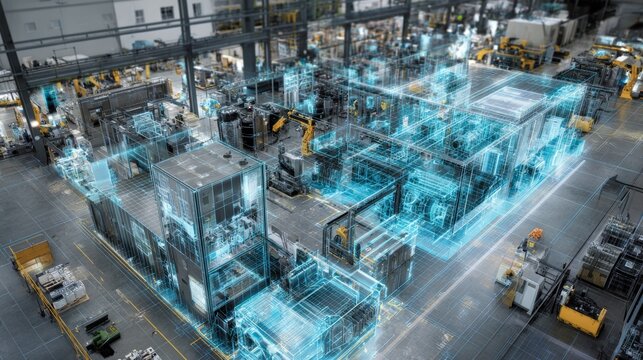 A digital overlay enhances a modern factory floor, showcasing machinery and automation with neon blue lines. A top-down view of complex operations