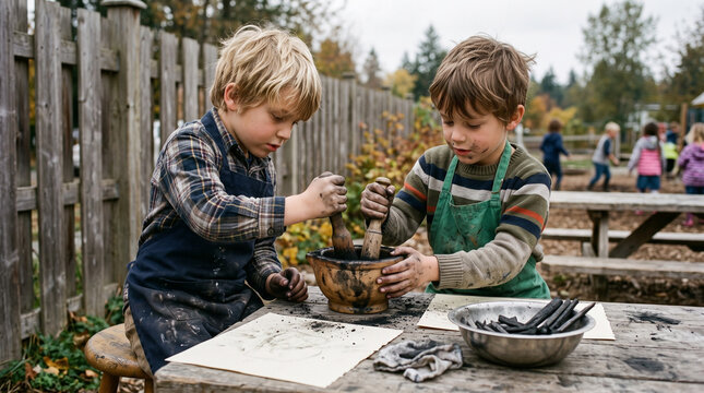 Boys Grinding Charcoal for Drawing Outdoors