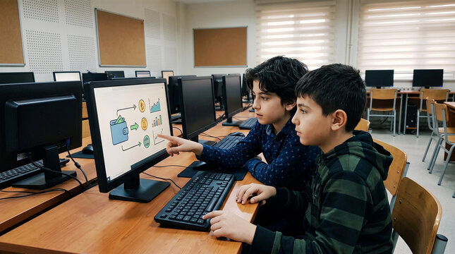 Two boys using computer in classroom