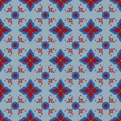 Seamless red and light blue tile pattern background Vintage ornamental floral star motif design for traditional wallpaper ceramic tiles and interior decor © Natthita