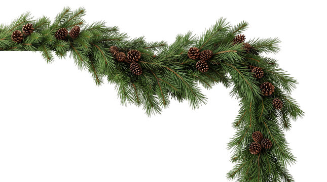 Evergreen Christmas garland with pine cones, festive winter pine branch border, rustic holiday greenery for seasonal home decor and celebration isolated PNG with Transparent Background