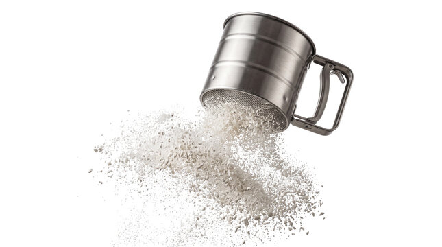 Stainless steel flour sifter in motion, white wheat flour falling from metal sieve, professional kitchen baking tool for pastry preparation isolated PNG with Transparent Background