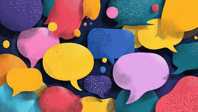 An abstract illustration featuring numerous colorful speech bubbles of varying shapes and sizes.