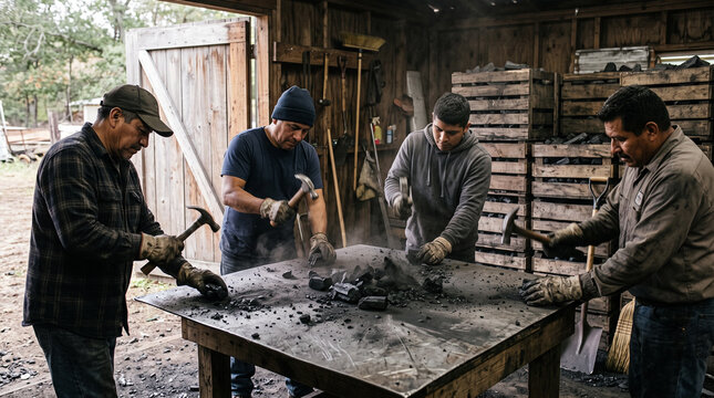 Men crushing charcoal with hammers in workshop
