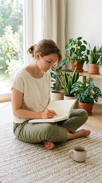 Woman sitting on rug writing in notebook surrounded by houseplants and natural light