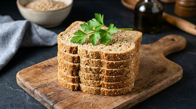 A stack of sliced multigrain bread topped with fresh parsley on a rustic wooden cutting board