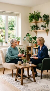 Two women in a cozy room discussing matters while one takes notes