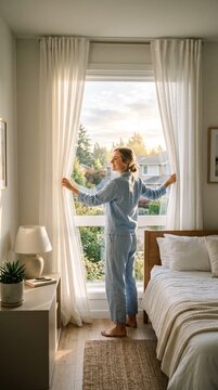 Woman in Pajamas Opens Curtains to Morning Sunlight in Cozy Bedroom