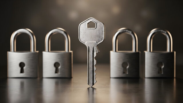 Silver key standing upright in the center with four matching padlocks arranged symmetrically behind it