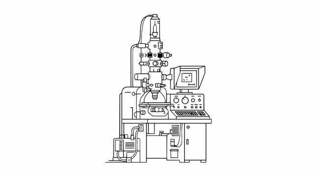 A black and white line drawing of a scientific electron microscope on a laboratory desk with illustration depicts laboratory