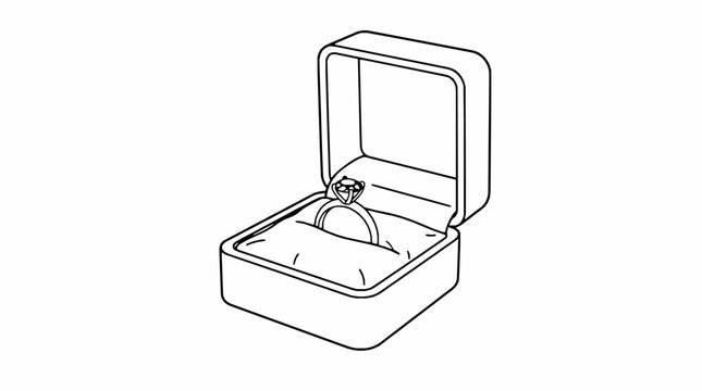 A simple black and white line drawing of a diamond ring inside an open box with illustration single diamond